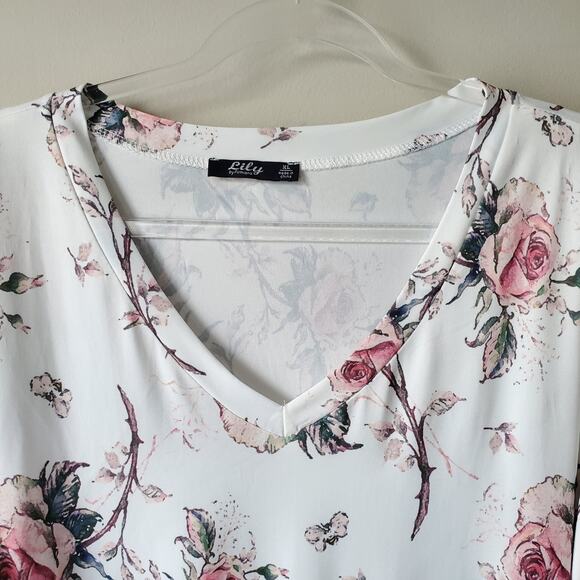 Lily Firmiana Women Tunic Top Blouse XL White Floral Jersey Knit V Neck NEW - Picture 2 of 9